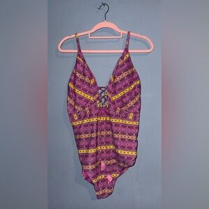 Jessica Simpson Pink and Yellow Patterned One Piece